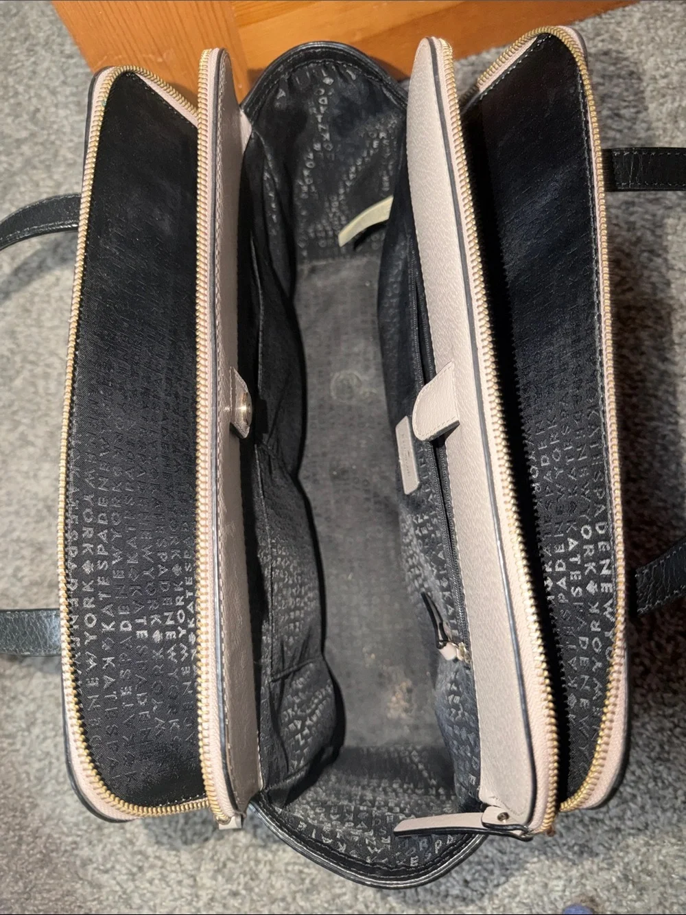 kate spade Two-Tone Pebbled Leather Purse - Light Gray Body with Black Handles